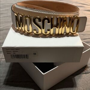 Moschino Gold Lettering White Belt